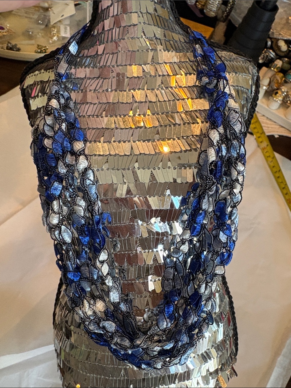 💙Crocheted Wearable Fabric Art Blue Handmade Multi-Strand Knit Ribbon Scarf